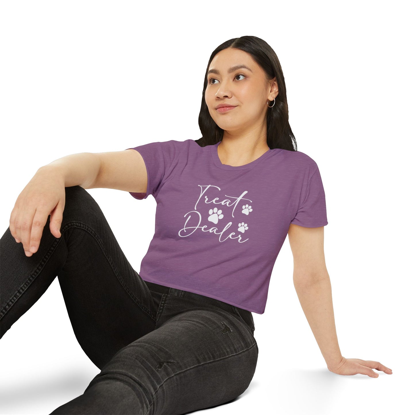 “Treat Dealer” Dog Lover Crop Top – Cute Paw Print Tee for Pet Moms
