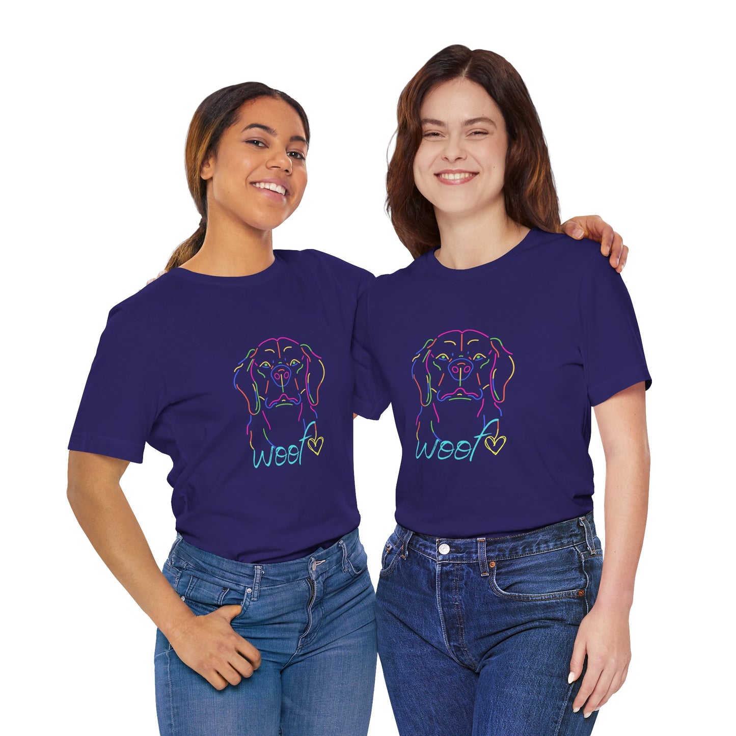 Two people wearing blue t-shirts with a dog graphic and 'woof' text on a white background