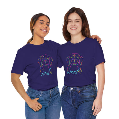 Two people wearing blue t-shirts with a dog graphic and 'woof' text on a white background