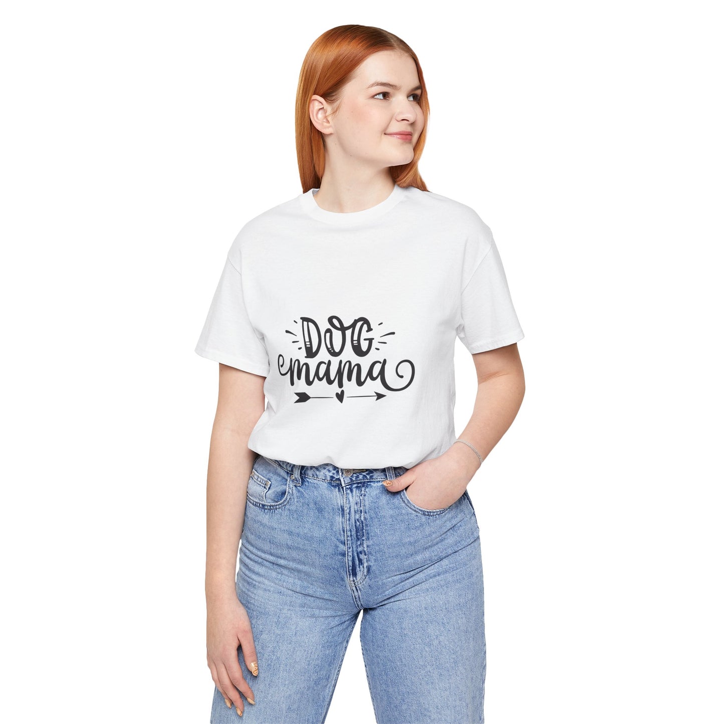 Person wearing a white t-shirt with 'Dog Mama' text on a white background