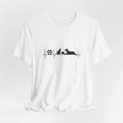 White t-shirt with black graphic design on a white background