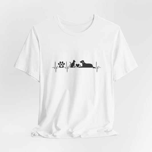White t-shirt with black graphic design on a white background